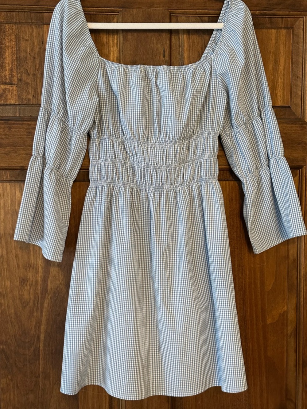 Lulu's Mini Dress Lunch Date Blue Gingham Smocked Waist Bell Sleeved